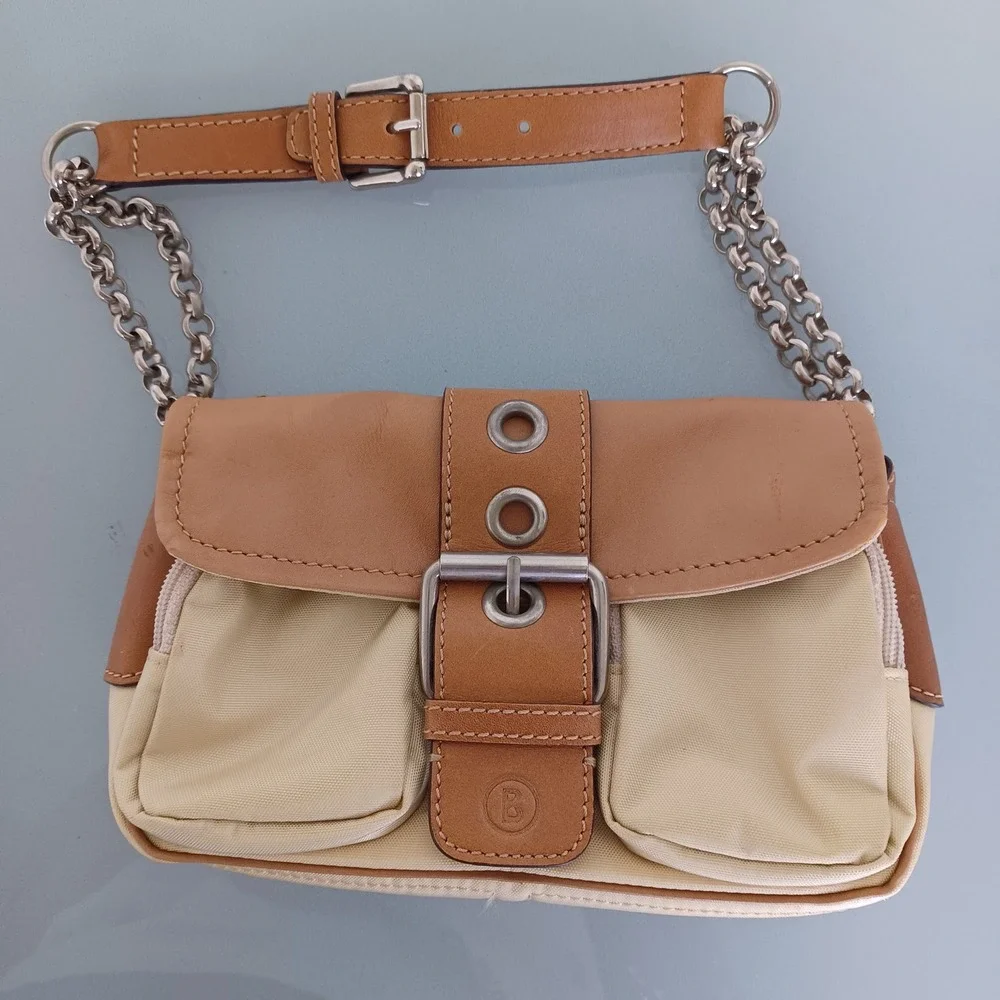 Bogner Tan Nylon Leather Buckle Baguette Shoulder‎ Bag Silver Chain Strap Y2K
